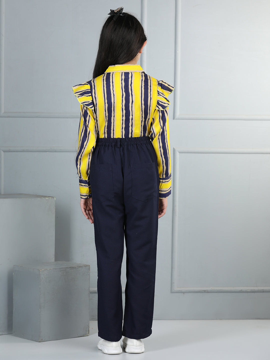 Cutiekins Girls Shirt Style Striped Top With Solid Trouser -Yellow & Navy Blue