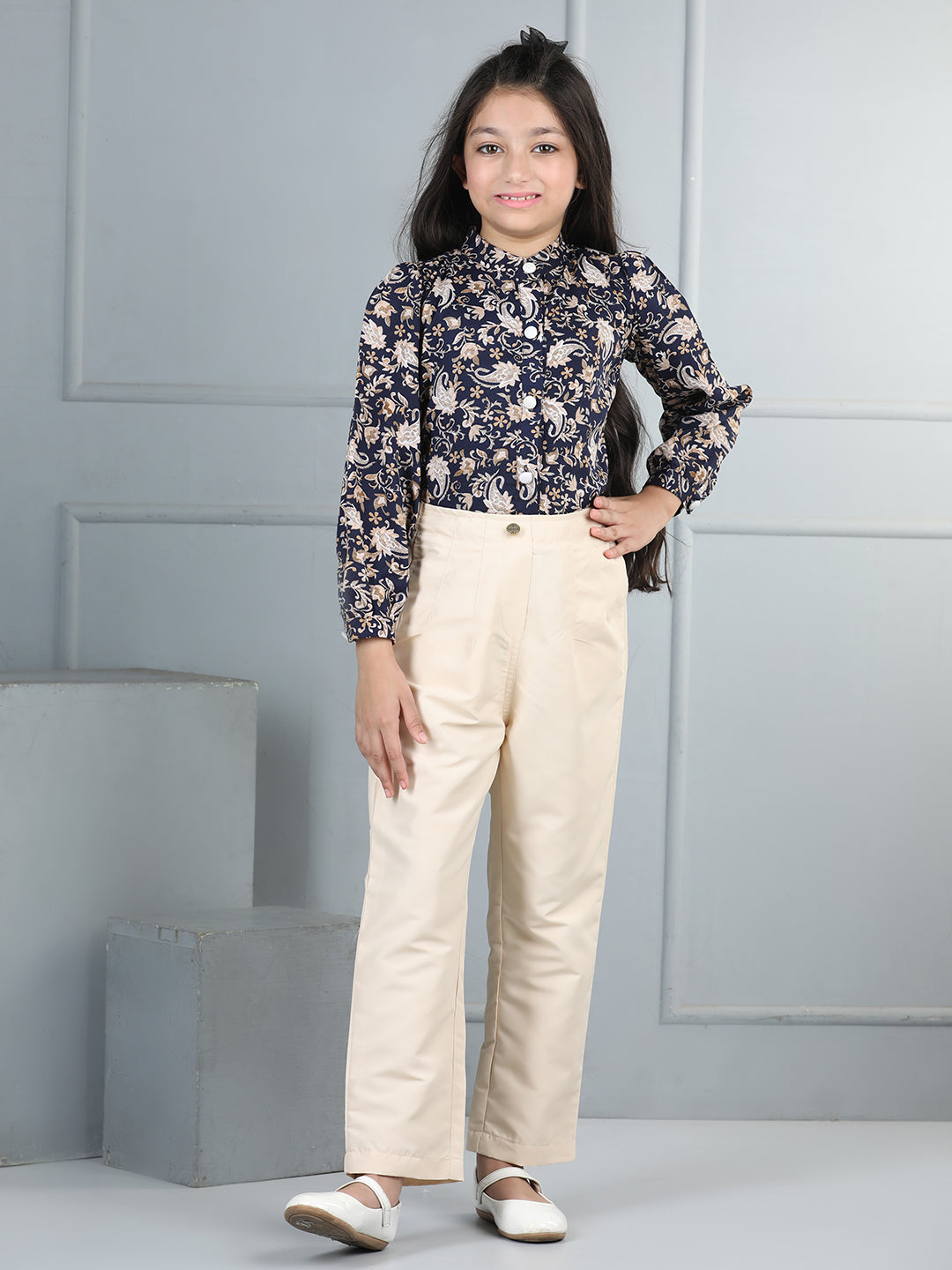 Cutiekins Girls Shirt Style Paisley Printed Top With Solid Trouser -Navy Blue & Beige