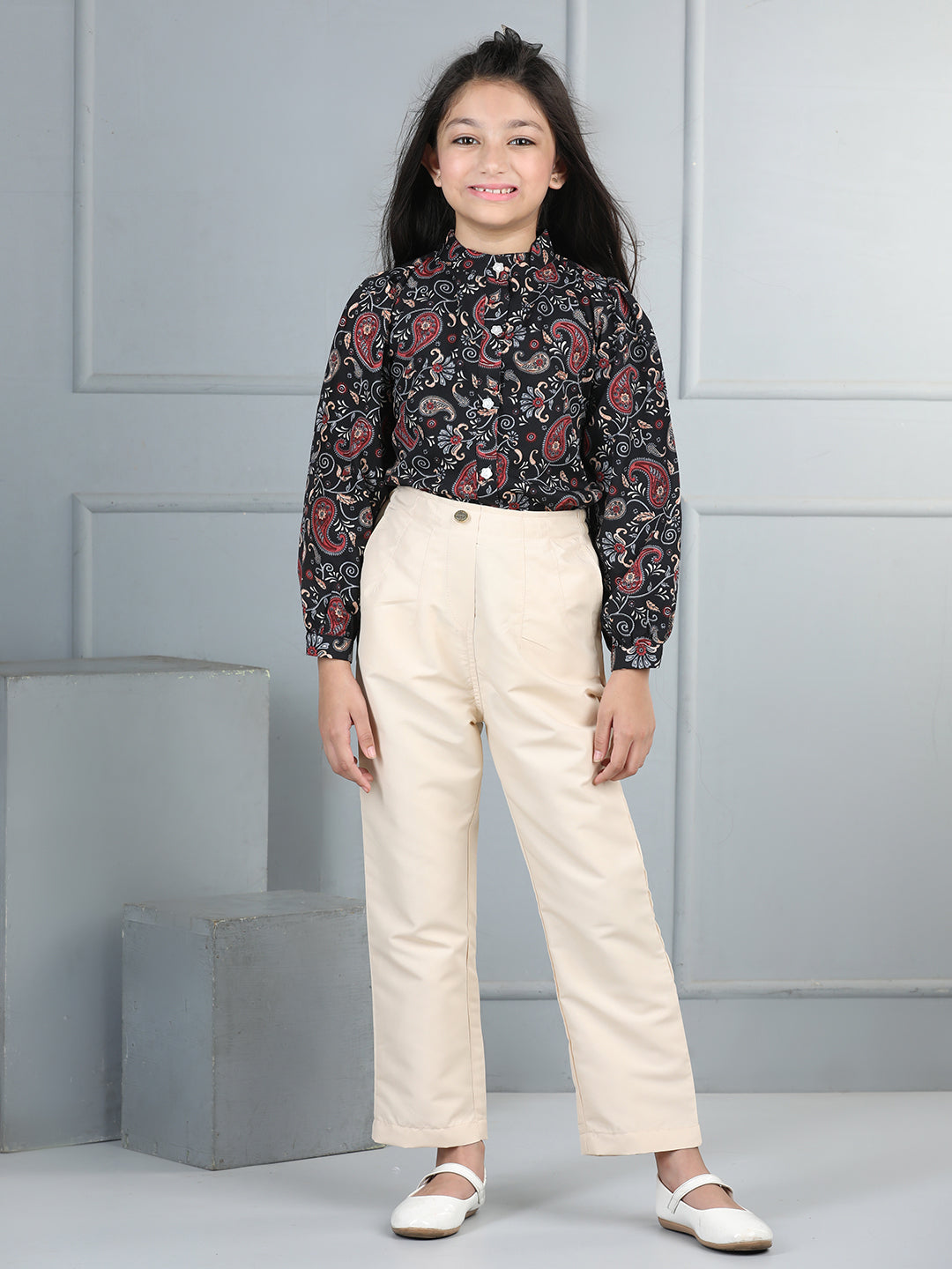 Cutiekins Girls Shirt Style Paisley Printed Top With Solid Trouser -Black & Beige