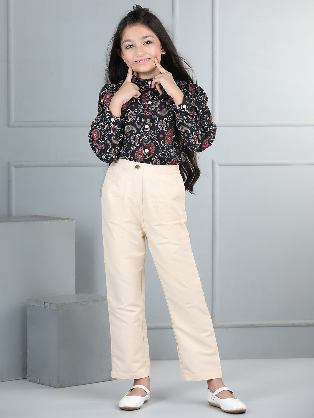 Cutiekins Girls Shirt Style Paisley Printed Top With Solid Trouser -Black & Beige