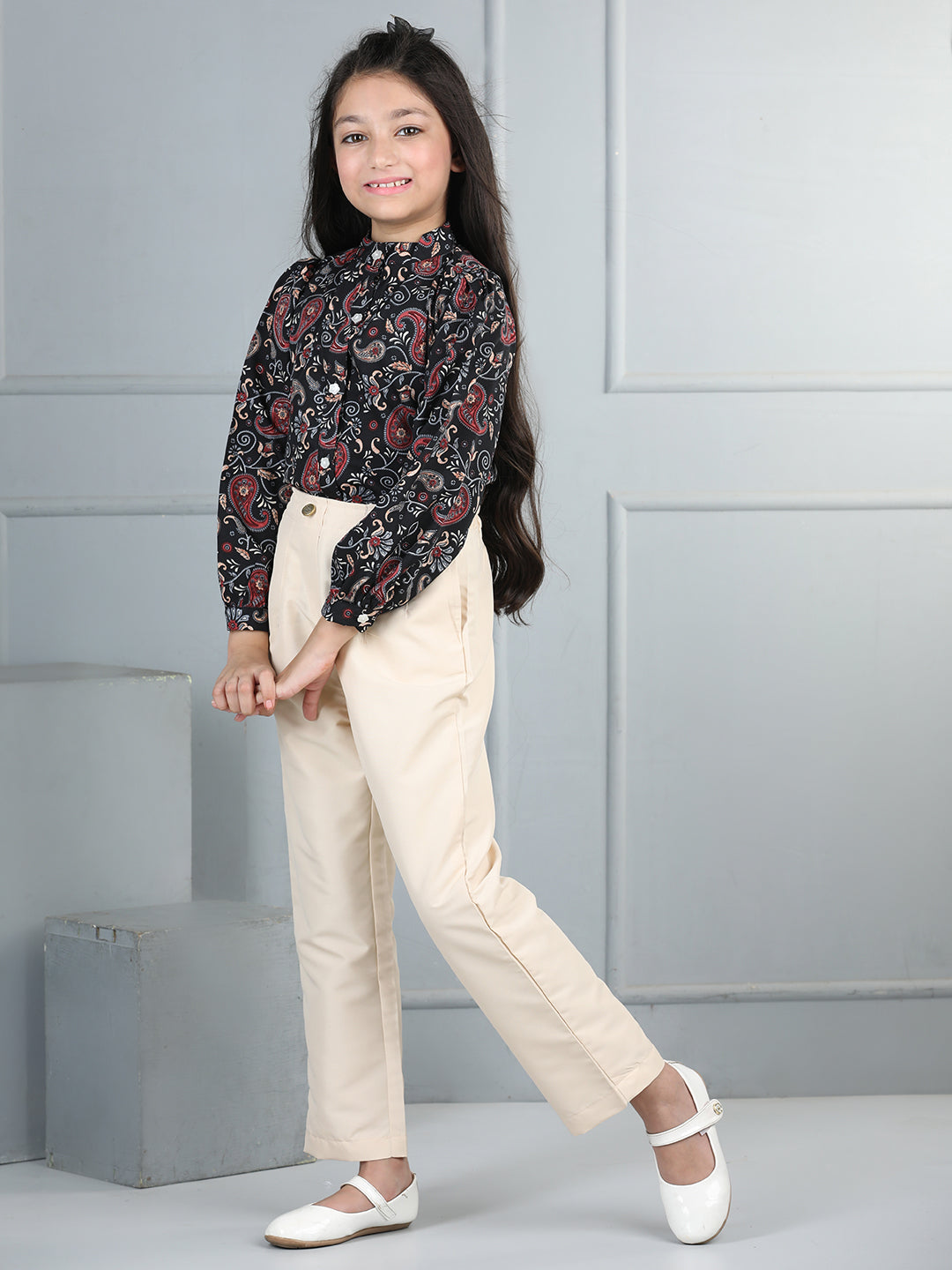 Cutiekins Girls Shirt Style Paisley Printed Top With Solid Trouser -Black & Beige