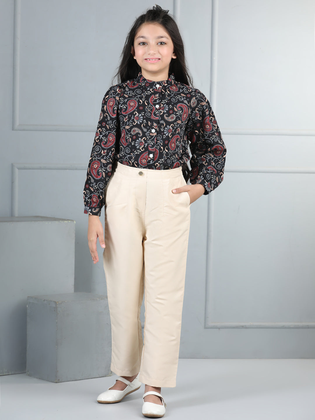 Cutiekins Girls Shirt Style Paisley Printed Top With Solid Trouser -Black & Beige