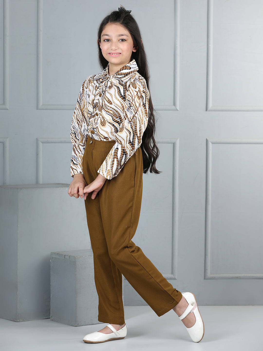 Cutiekins Girls Shirt Style Abstract Printed Top With Solid Trouser -White & Brown