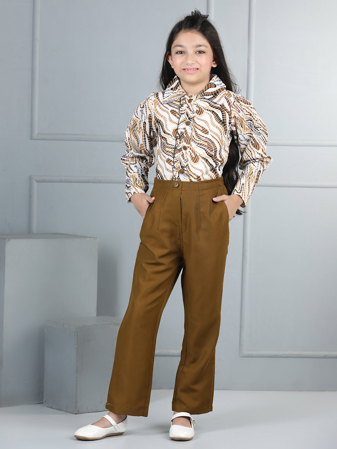 Cutiekins Girls Shirt Style Abstract Printed Top With Solid Trouser -White & Brown