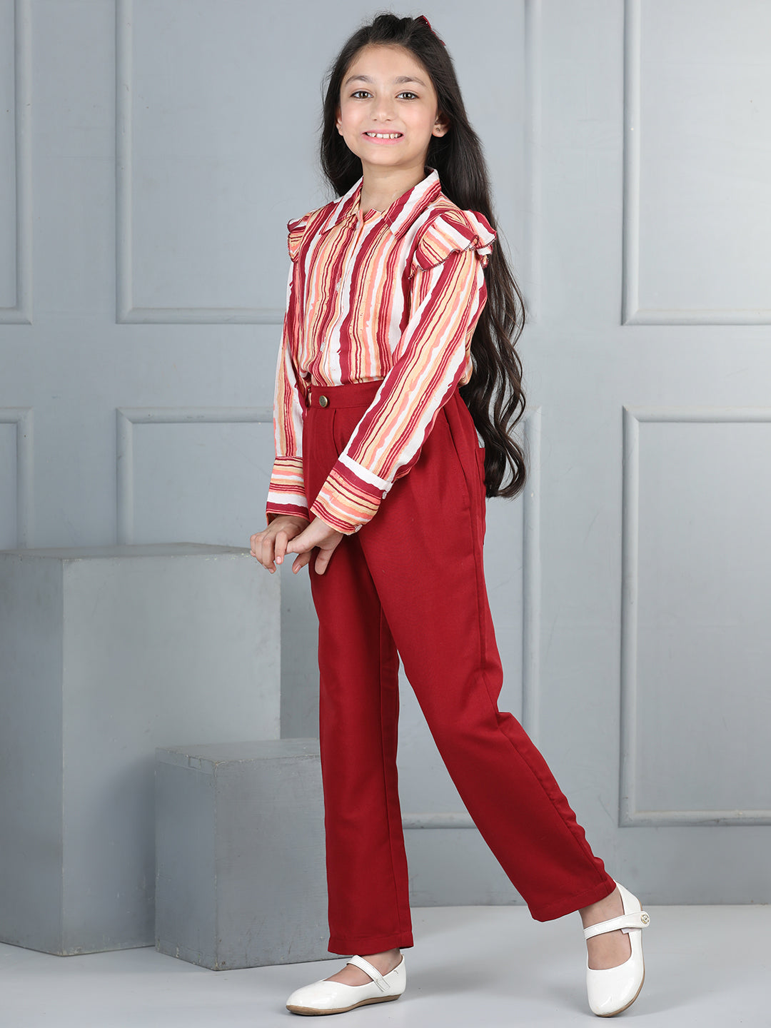 Cutiekins Girls Shirt Style Striped Top With Solid Trouser -Multi & Maroon