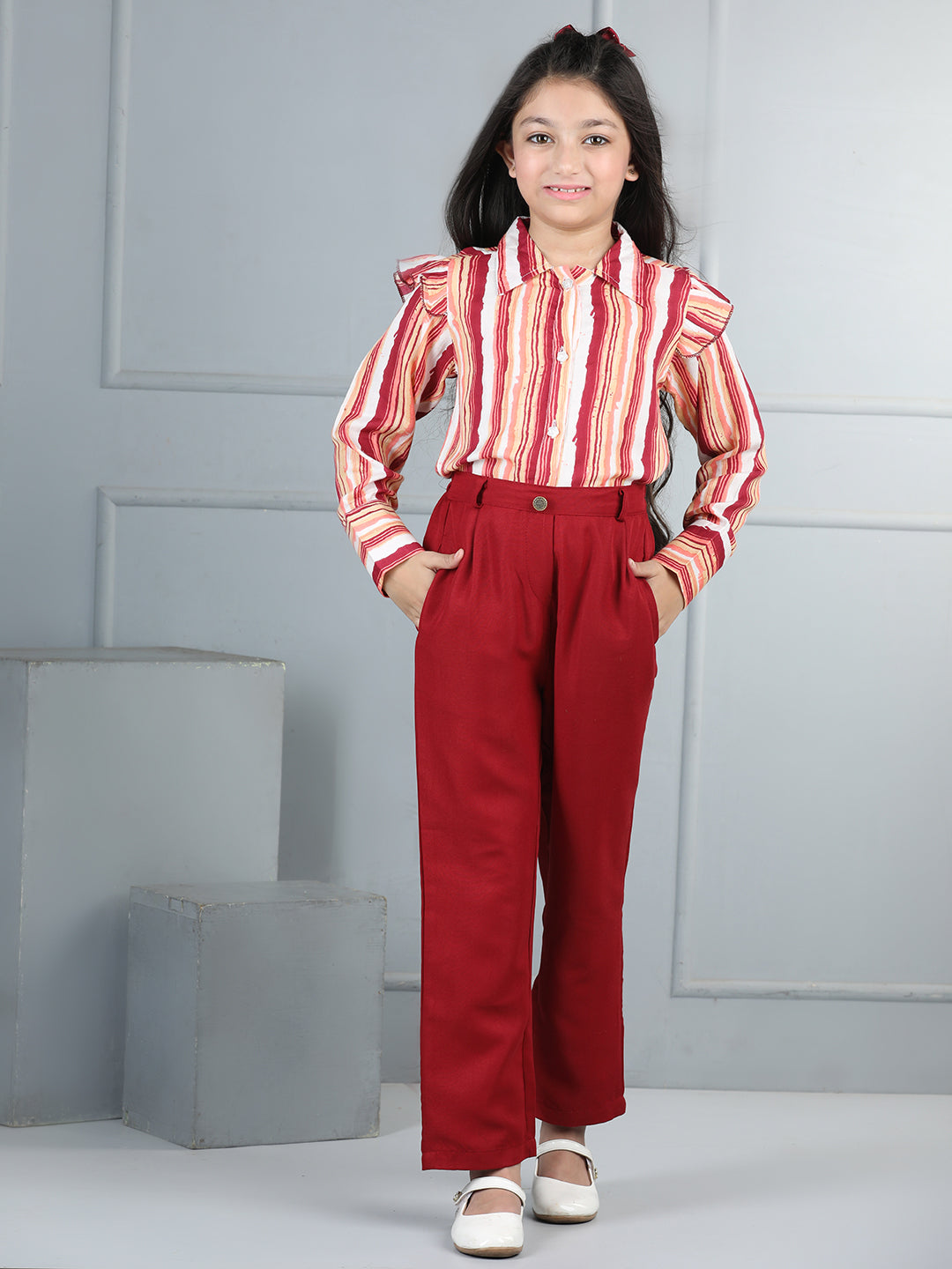 Cutiekins Girls Shirt Style Striped Top With Solid Trouser -Multi & Maroon