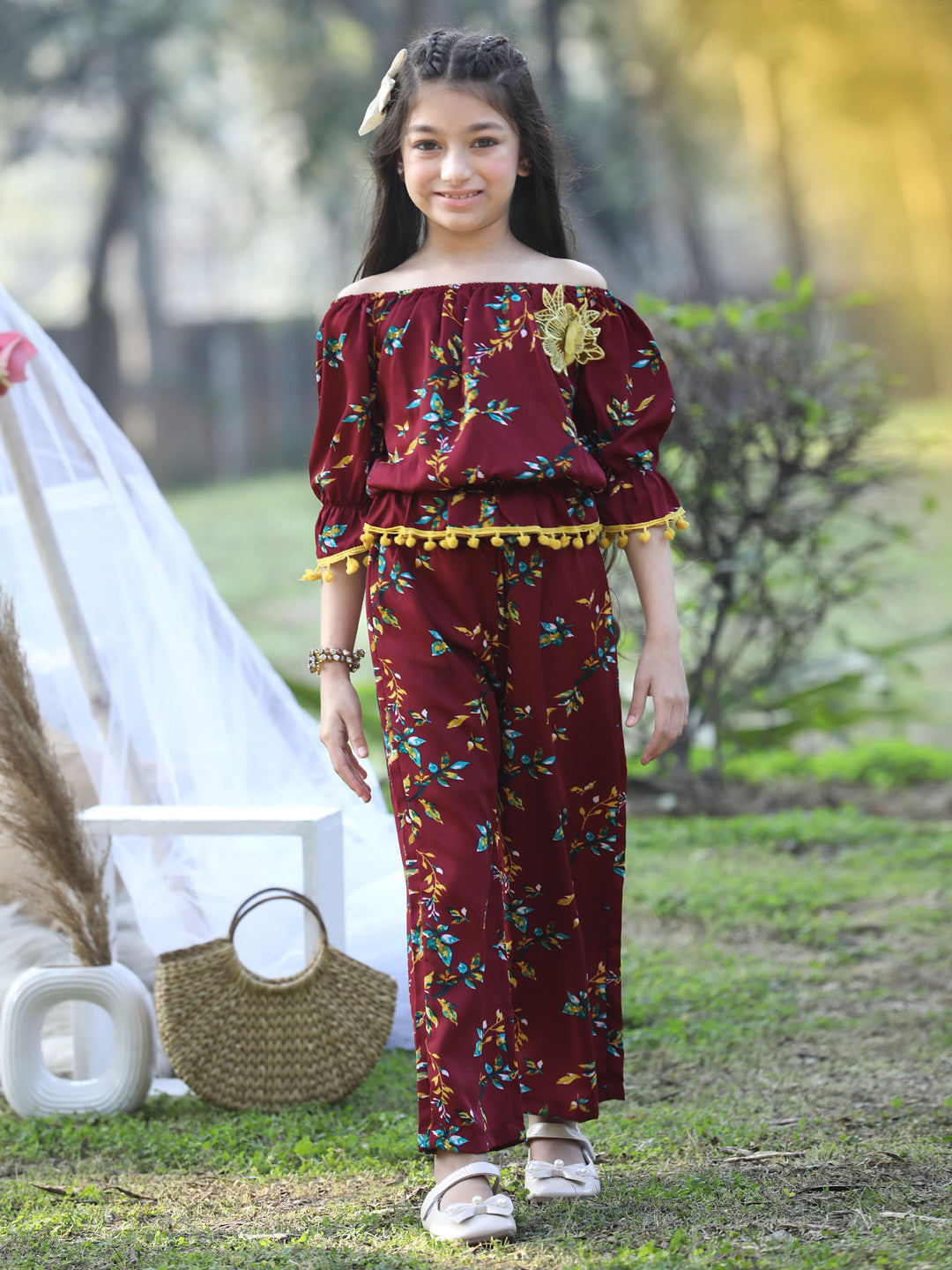 Cutiekins Off-Shoulder Printed Crop Top & Trousers Set -Maroon & Yellow