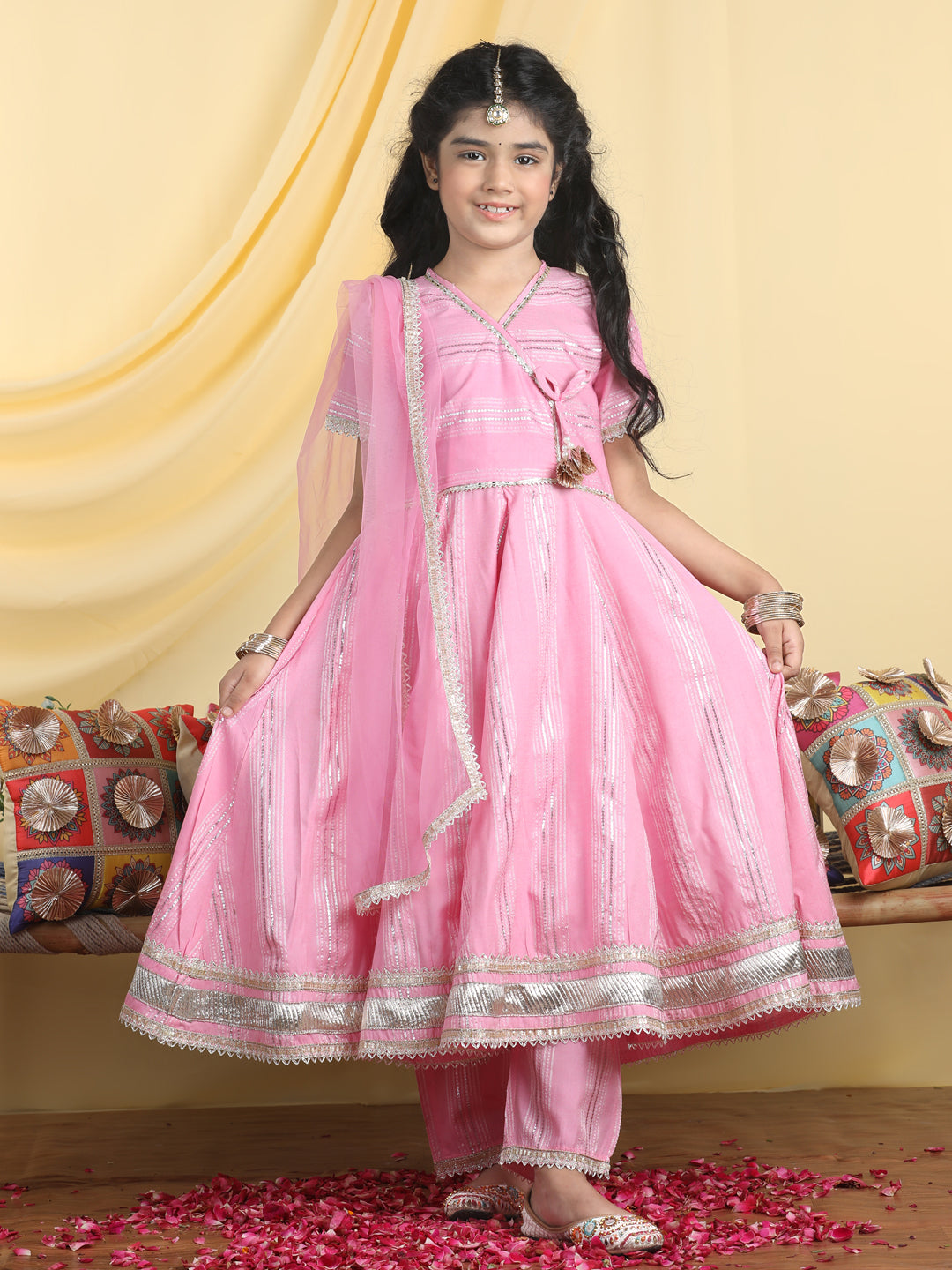 Cutiekins Girls Embroidered Anarkali Kurta & Palazzo With Dupatta -Pink & Gold