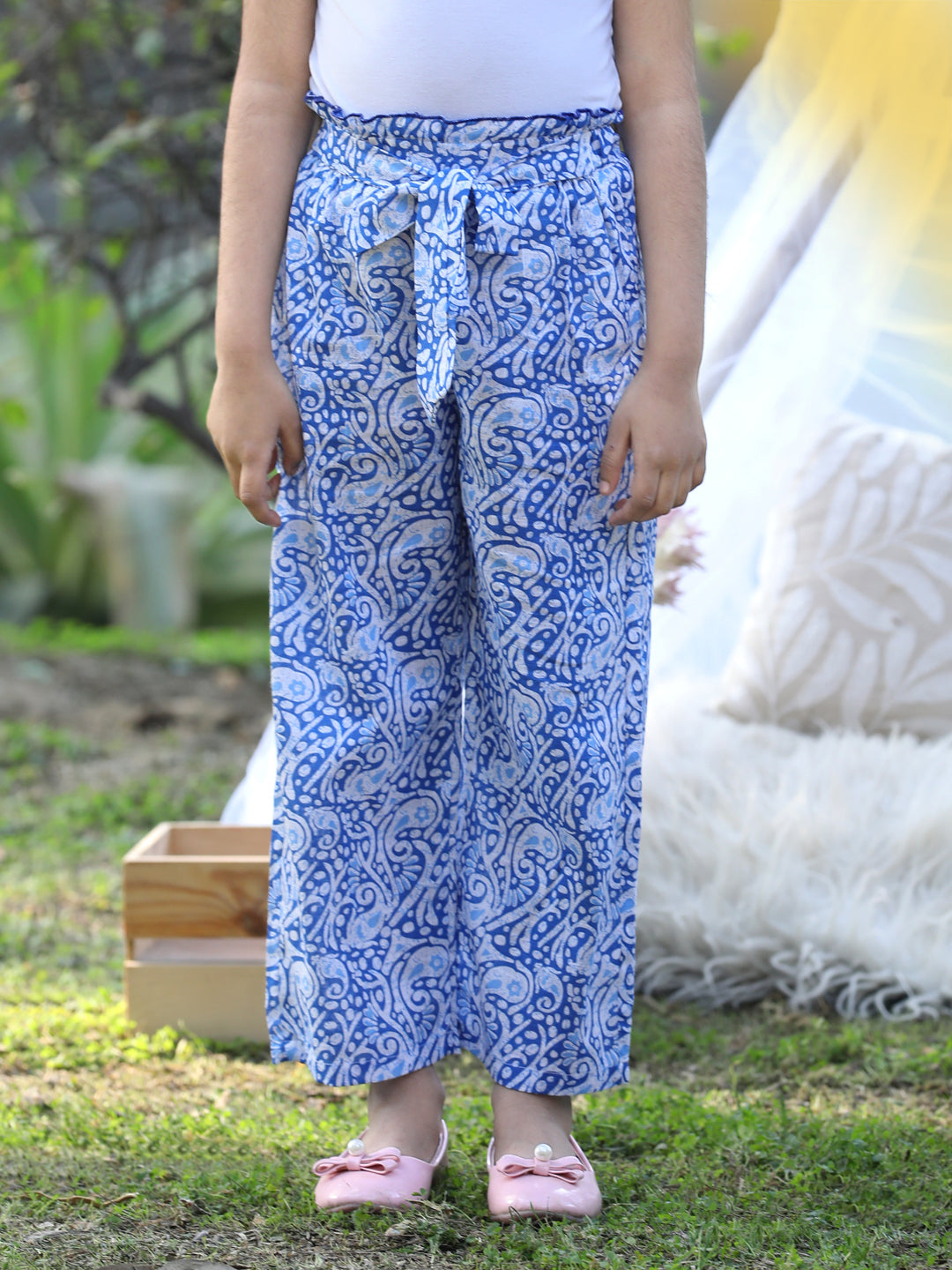 Cutiekins Printed Cotton Palazzos- Blue & White