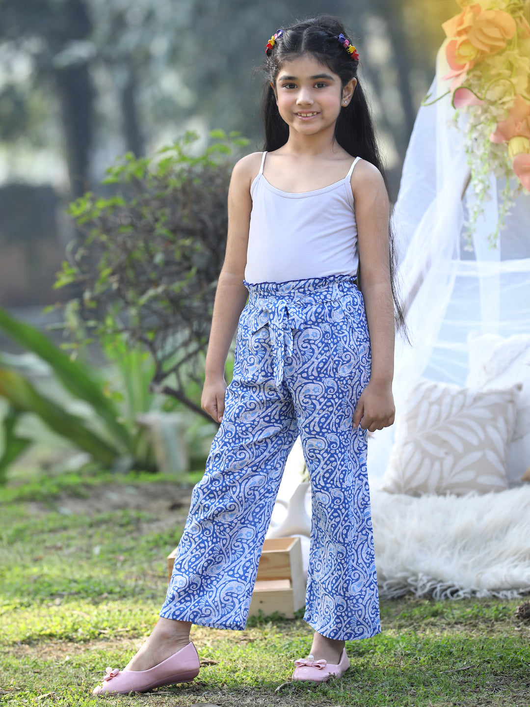 Cutiekins Printed Cotton Palazzos- Blue & White