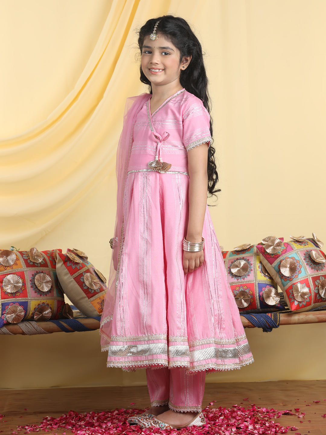 Cutiekins Girls Embroidered Anarkali Kurta & Palazzo With Dupatta -Pink & Gold