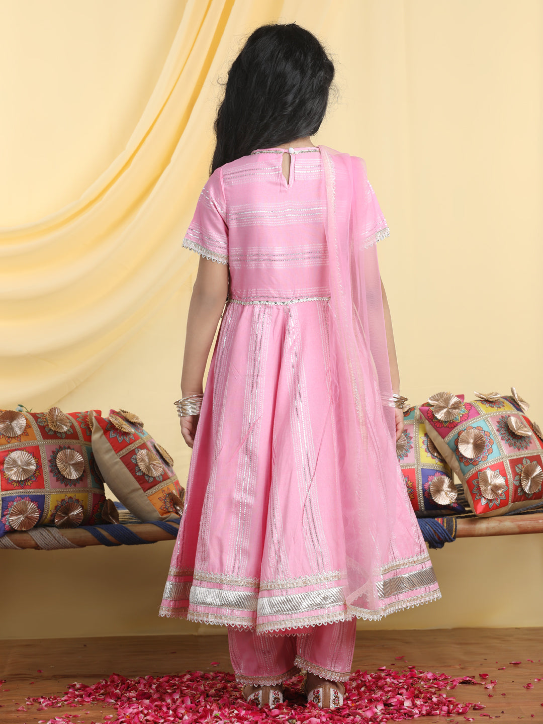 Cutiekins Girls Embroidered Anarkali Kurta & Palazzo With Dupatta -Pink & Gold