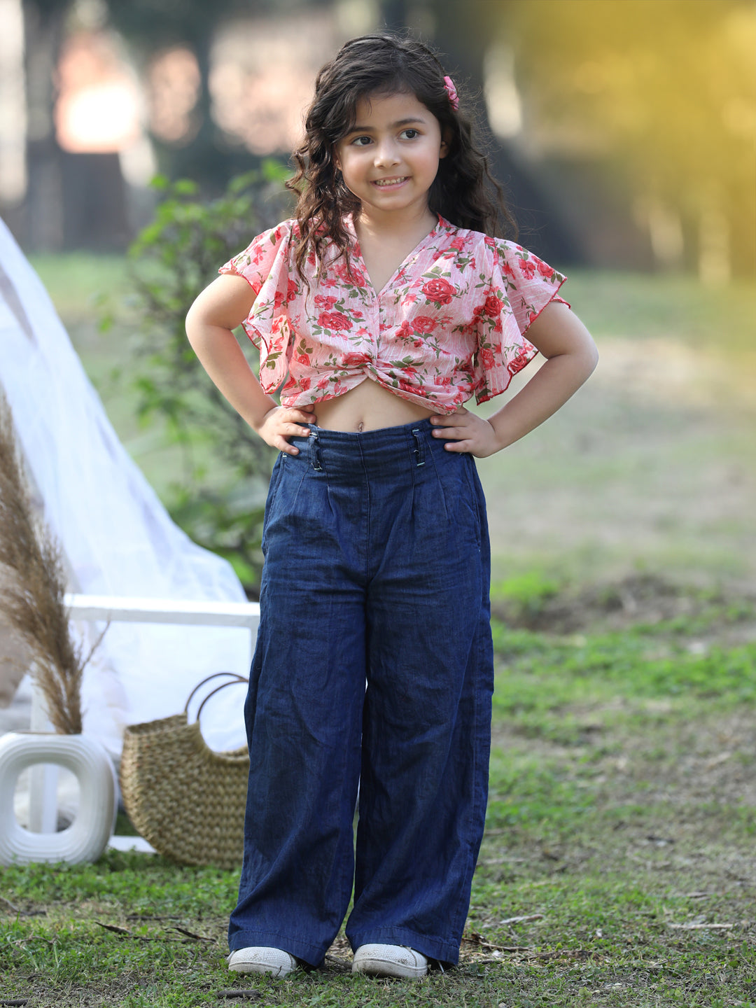 Cutiekins V-Neck Foral Printed Crop Top- Peach & Green