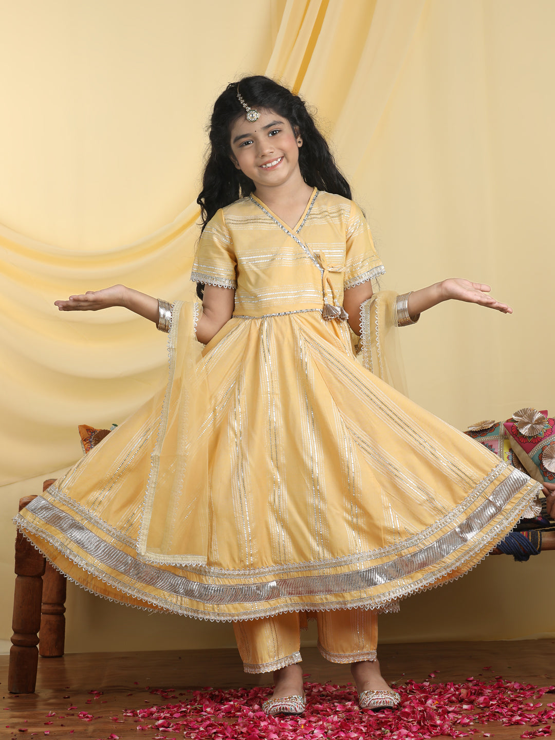 Cutiekins Girls Embroidered Anarkali Kurta & Palazzo With Dupatta -Mustard & Gold