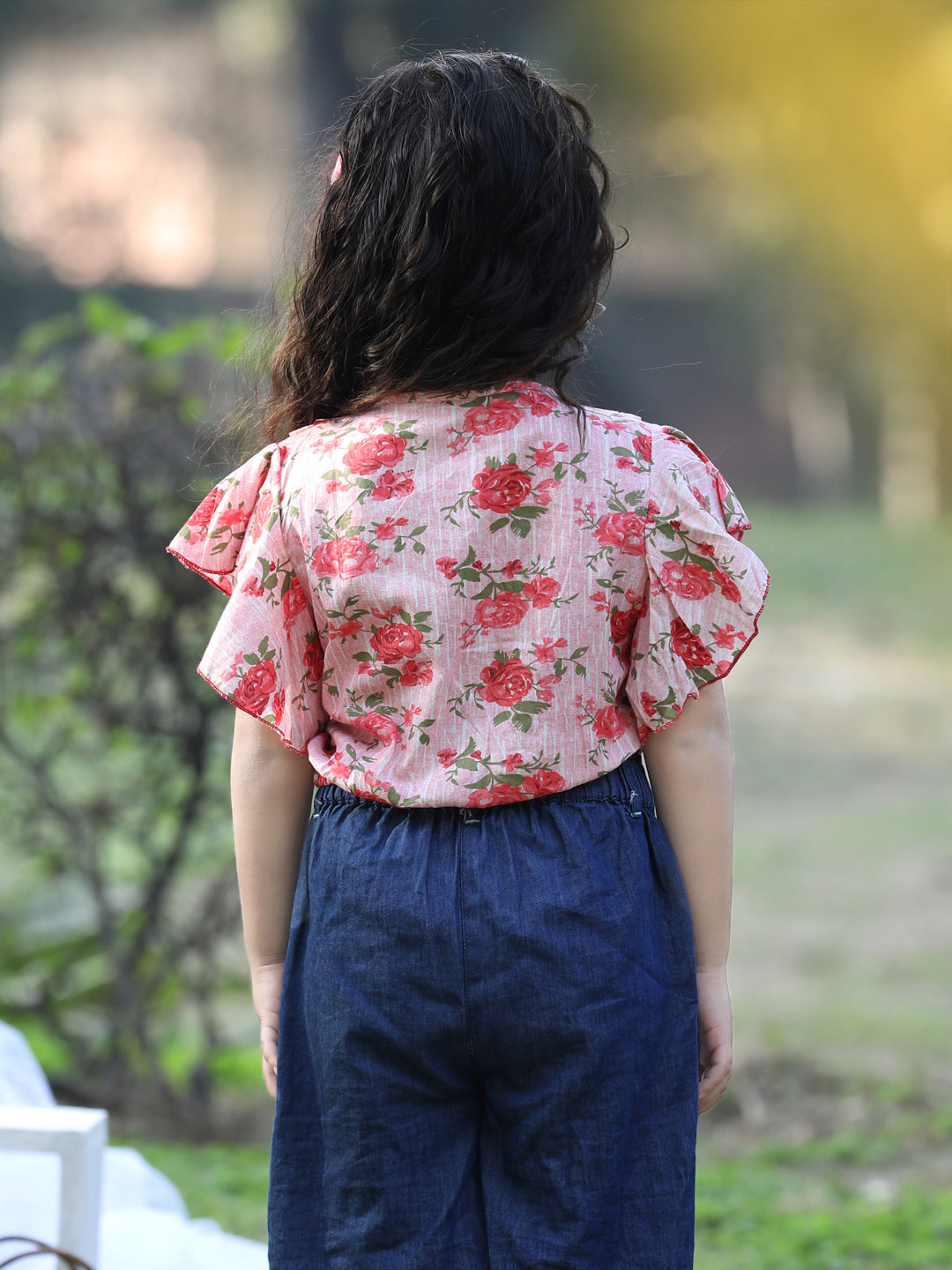 Cutiekins V-Neck Foral Printed Crop Top- Peach & Green