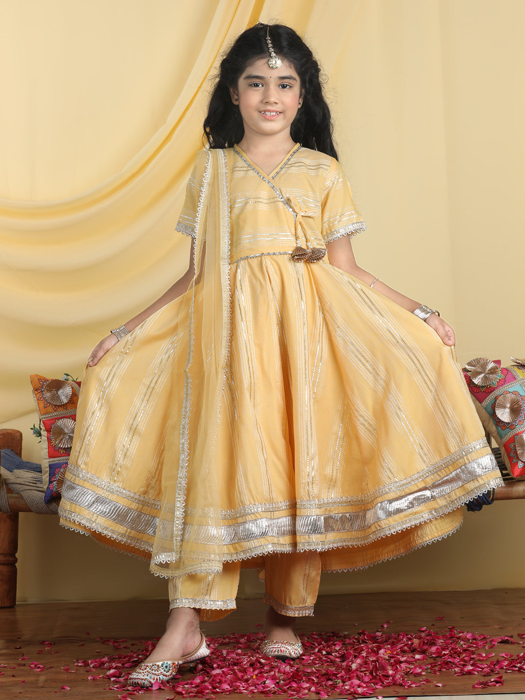 Cutiekins Girls Embroidered Anarkali Kurta & Palazzo With Dupatta -Mustard & Gold