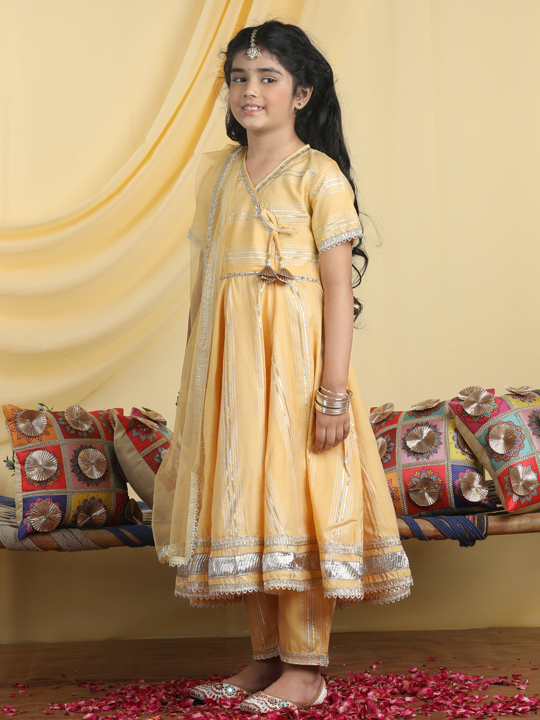 Cutiekins Girls Embroidered Anarkali Kurta & Palazzo With Dupatta -Mustard & Gold