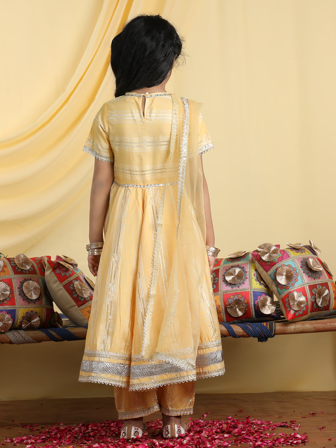 Cutiekins Girls Embroidered Anarkali Kurta & Palazzo With Dupatta -Mustard & Gold