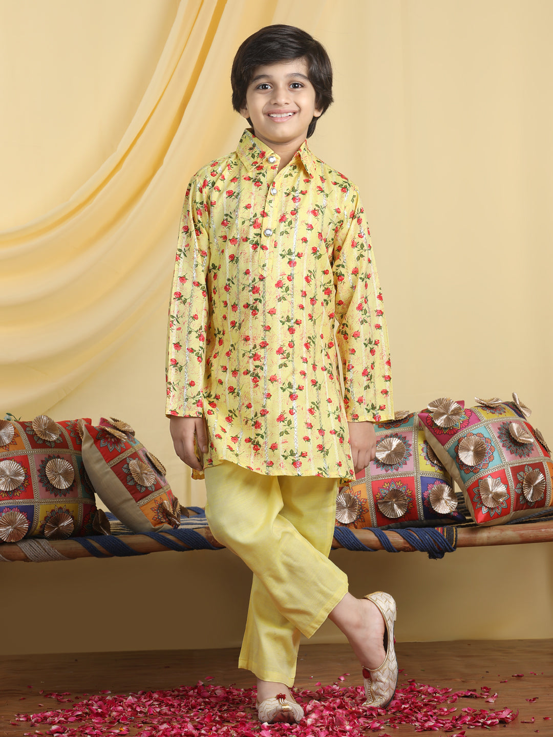 Cutiekins Boys Floral Print Shirt Collar Kurta & Pajama Set -Yellow & Red