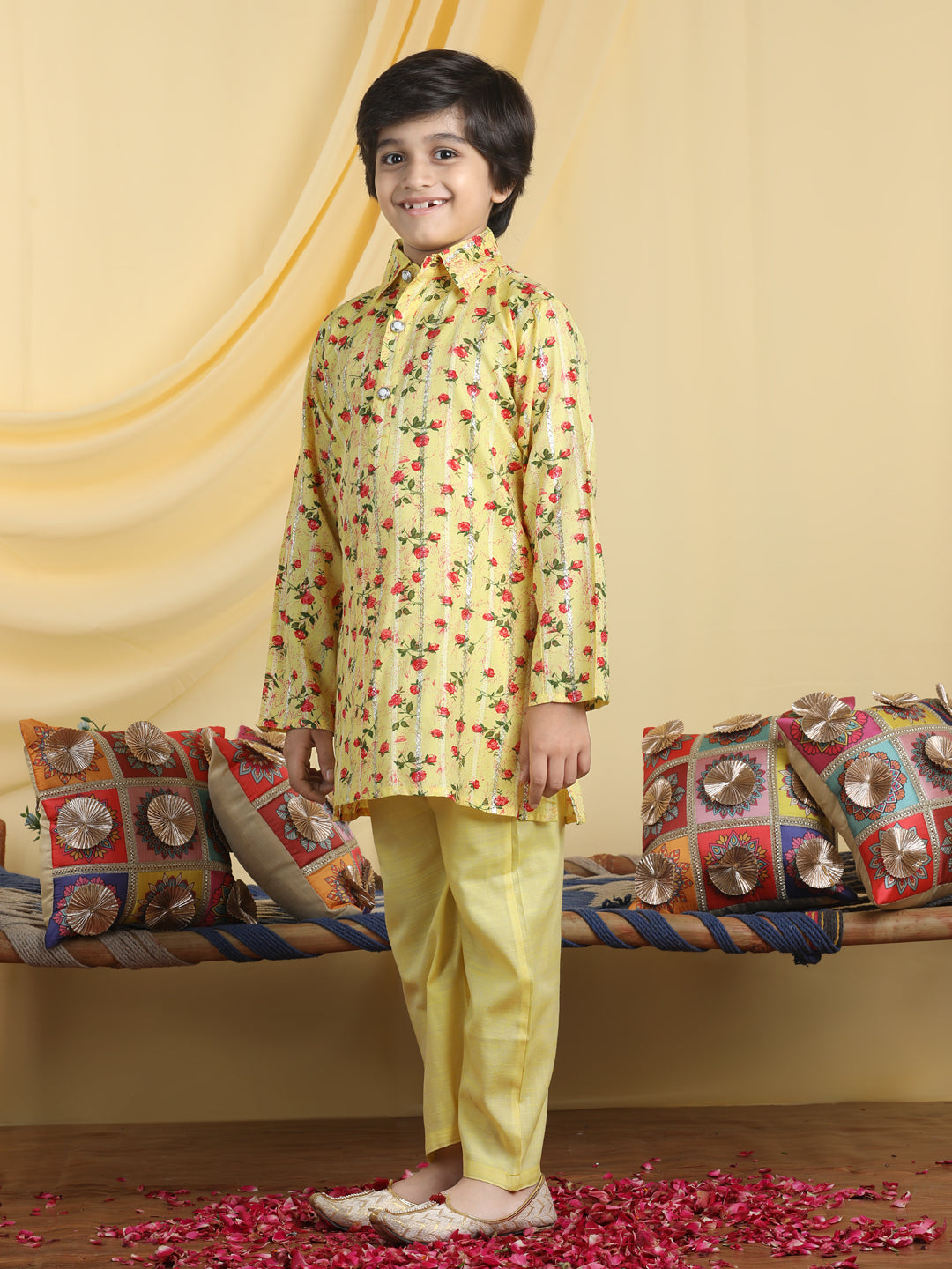 Cutiekins Boys Floral Print Shirt Collar Kurta & Pajama Set -Yellow & Red