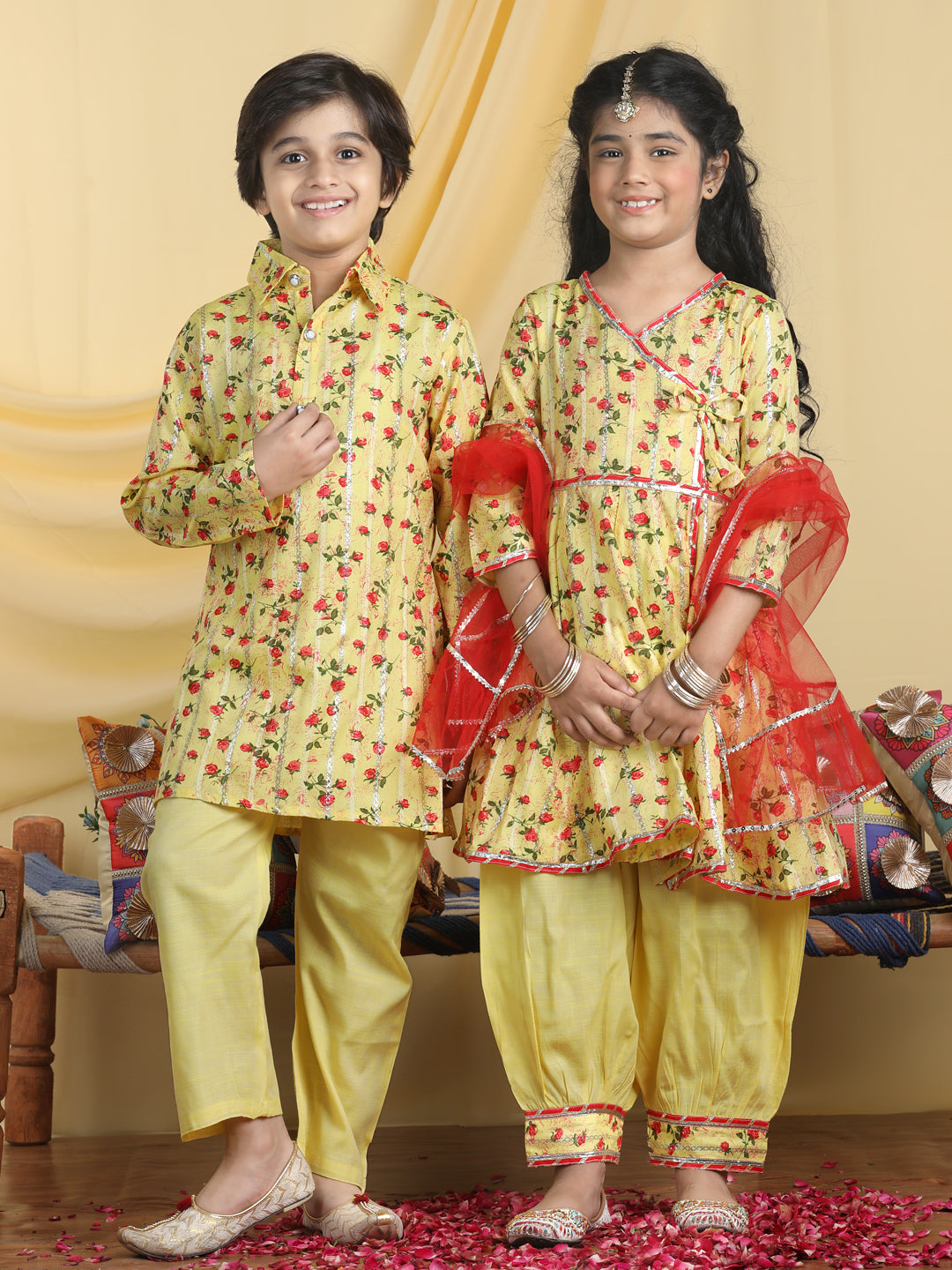 Cutiekins Girls-Boys Floral Print Kurta Salwar & Kurta Pyjama Sibling Set For Rakhi Traditional Wear  -Yellow & Red