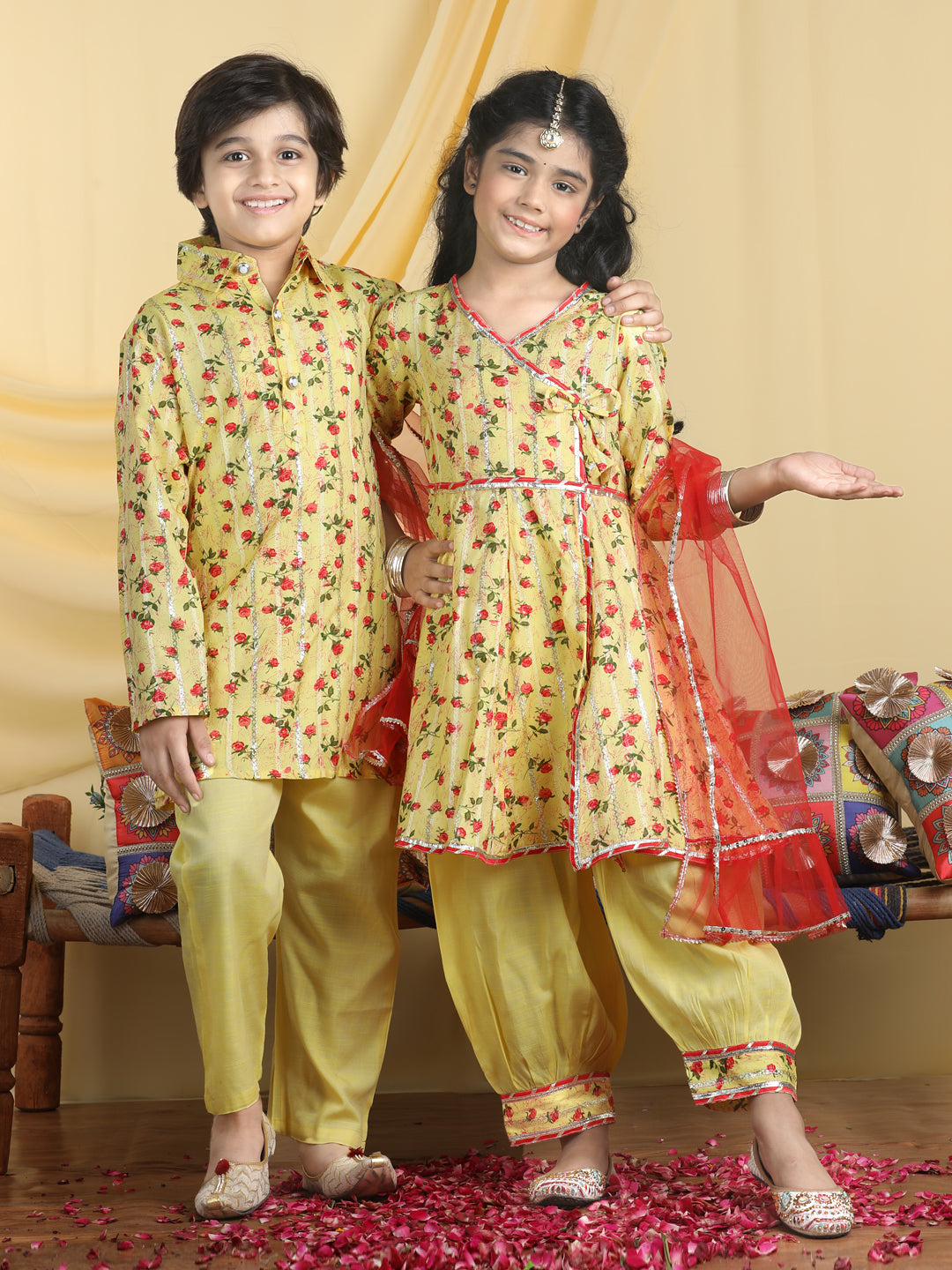 Cutiekins Girls-Boys Floral Print Kurta Salwar & Kurta Pyjama Sibling Set For Rakhi Traditional Wear  -Yellow & Red