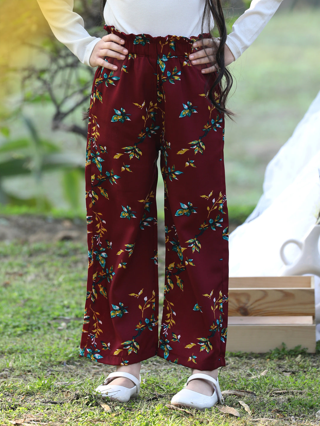 Cutiekins Printed Polyester Palazzos- Maroon & Yellow