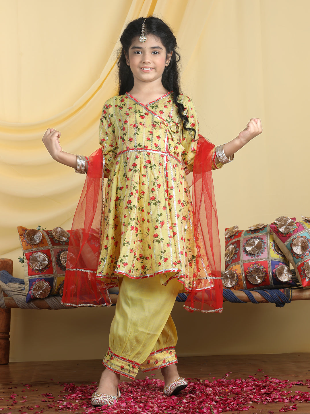 Cutiekins Girls Floral Print Angrakha Kurta & Solid Salwar Pant With Dupatta -Yellow & Red