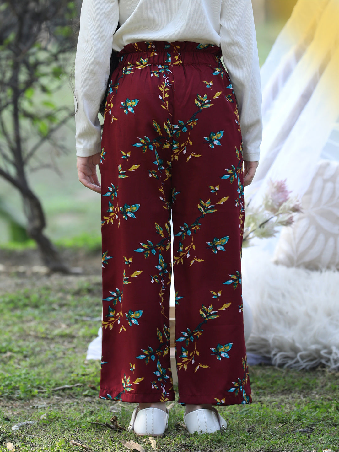 Cutiekins Printed Polyester Palazzos- Maroon & Yellow