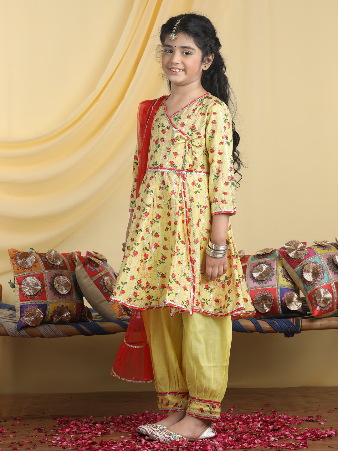 Cutiekins Girls Floral Print Angrakha Kurta & Solid Salwar Pant With Dupatta -Yellow & Red