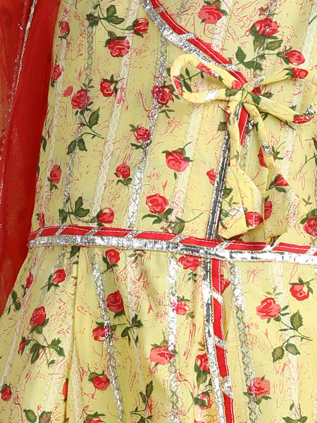 Cutiekins Girls Floral Print Angrakha Kurta & Solid Salwar Pant With Dupatta -Yellow & Red