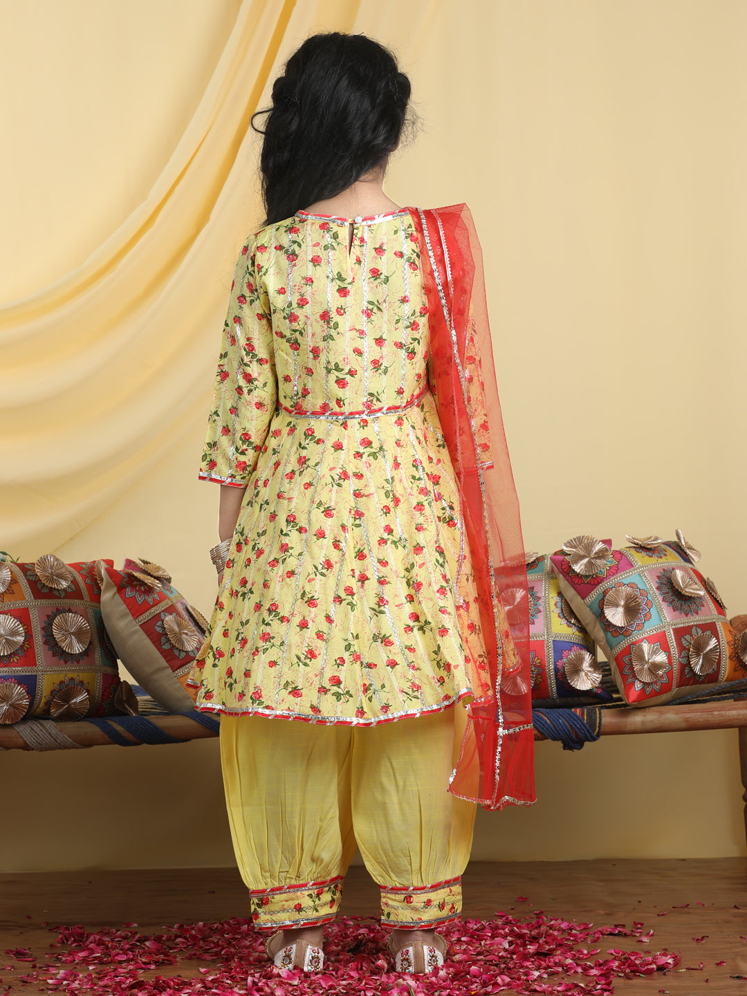 Cutiekins Girls Floral Print Angrakha Kurta & Solid Salwar Pant With Dupatta -Yellow & Red