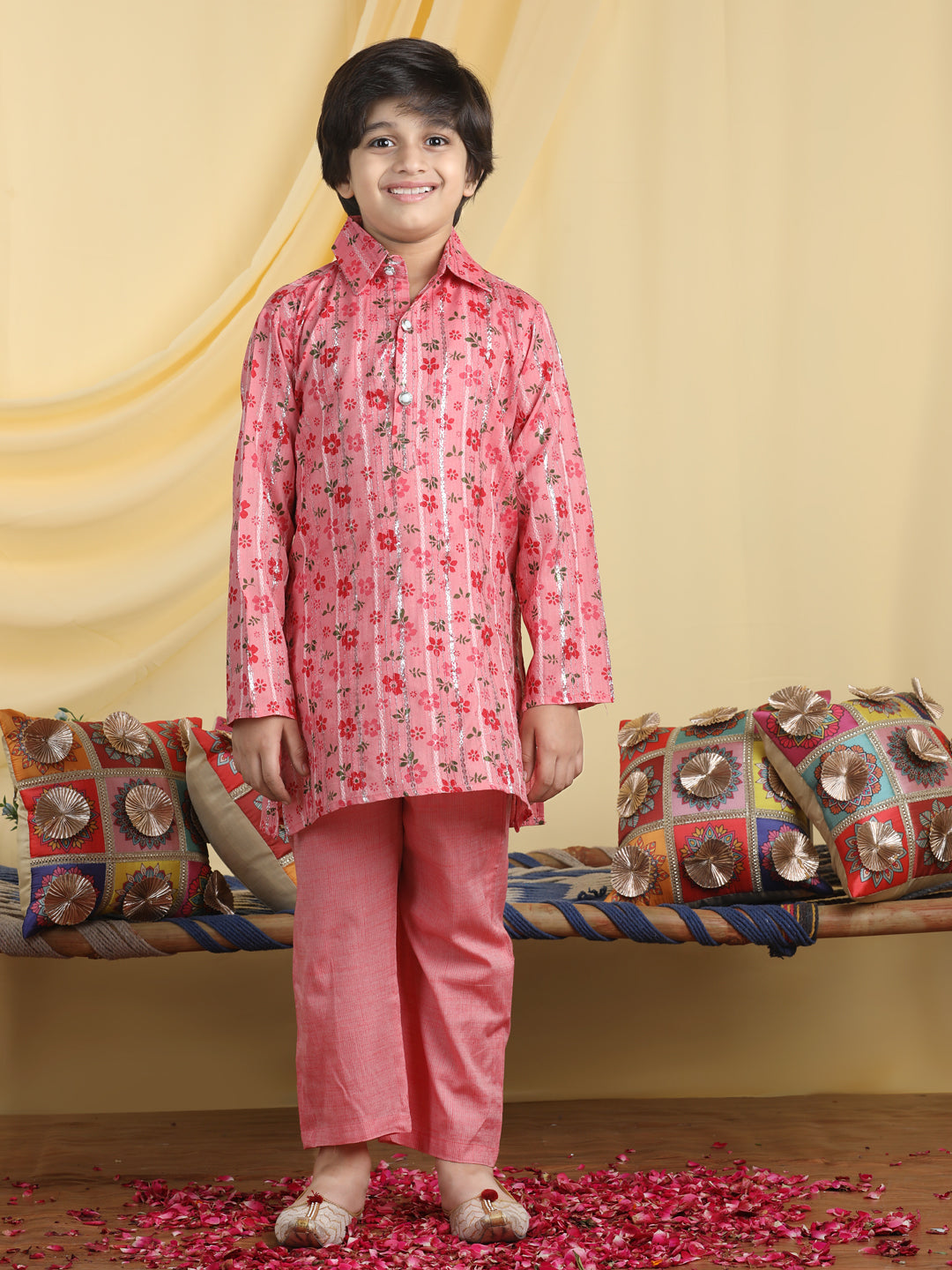 Cutiekins Boys Floral Print Shirt Collar Kurta & Pajama Set -Dark Pink & Red