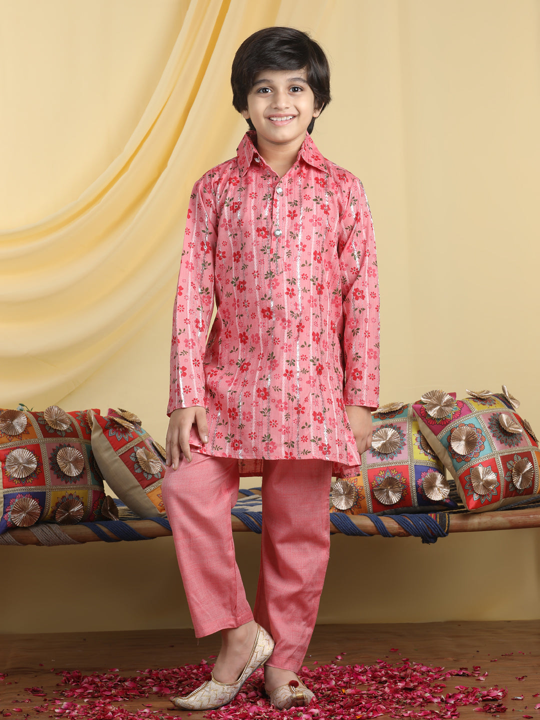 Cutiekins Boys Floral Print Shirt Collar Kurta & Pajama Set -Dark Pink & Red