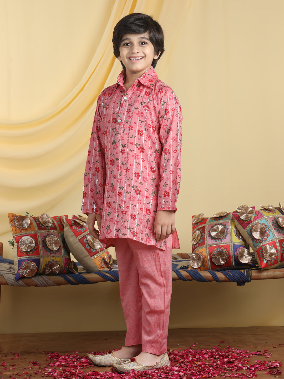 Cutiekins Boys Floral Print Shirt Collar Kurta & Pajama Set -Dark Pink & Red