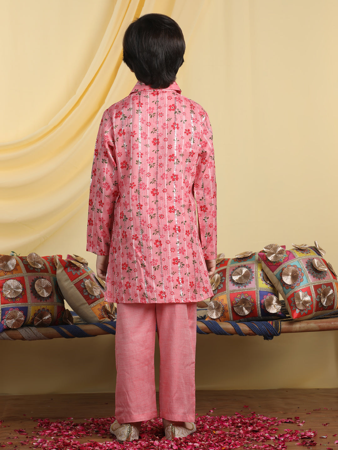 Cutiekins Boys Floral Print Shirt Collar Kurta & Pajama Set -Dark Pink & Red