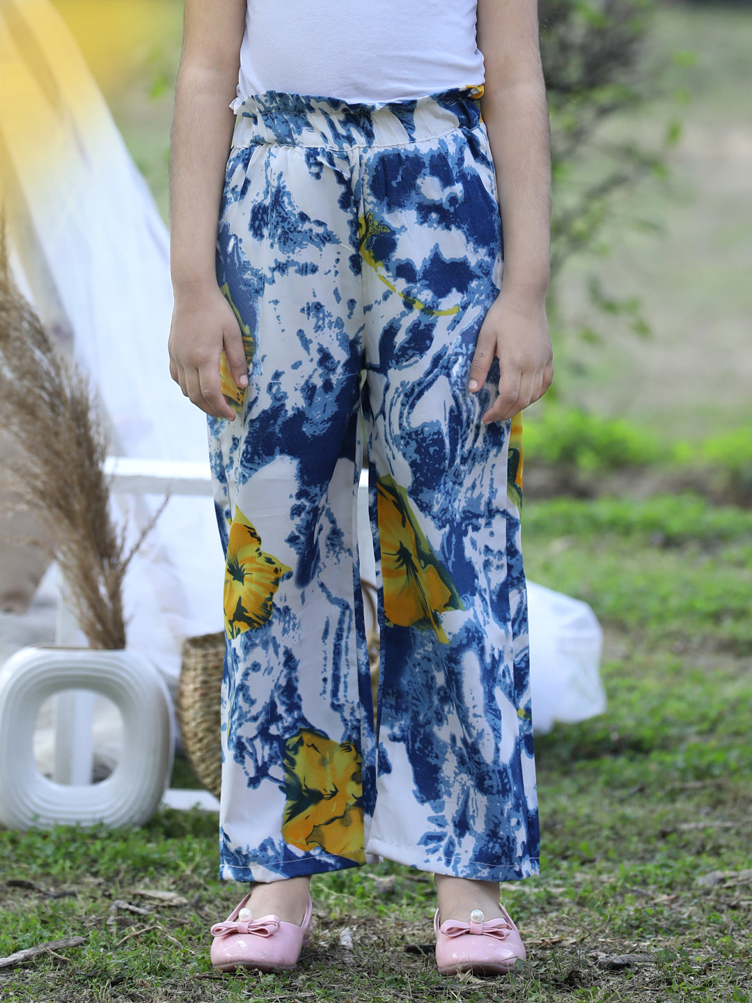 Cutiekins Printed Polyester Palazzos- Blue & Yellow