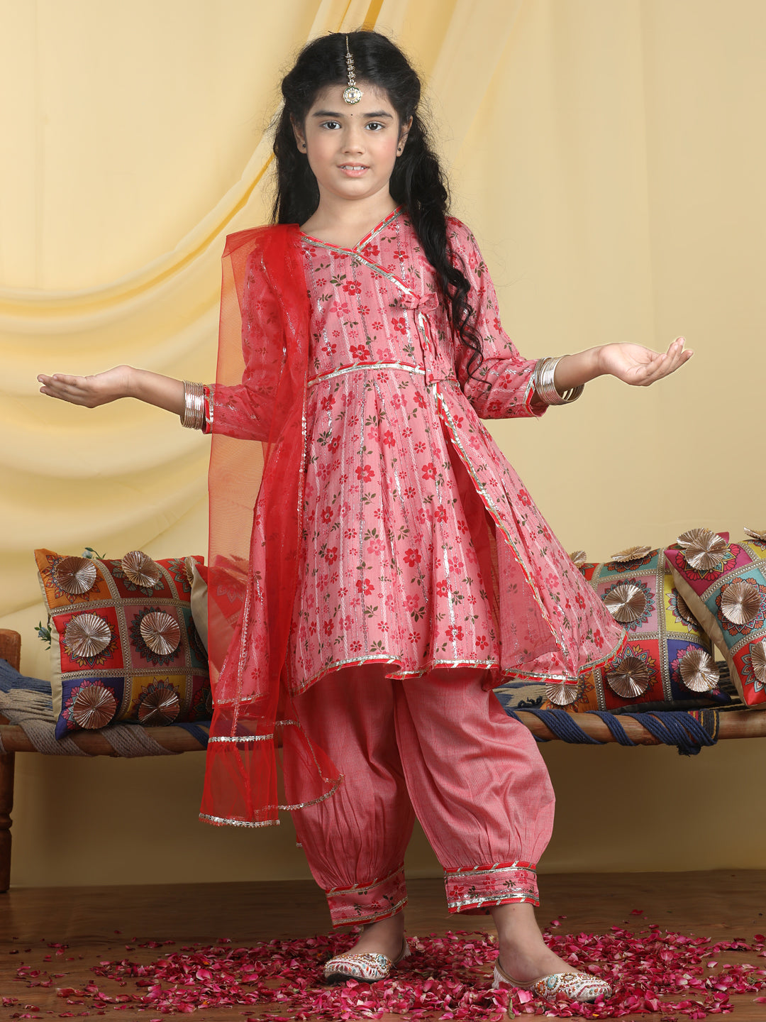 Cutiekins Girls Floral Print Angrakha Kurta & Solid Salwar Pant With Dupatta -Dark Pink & Red