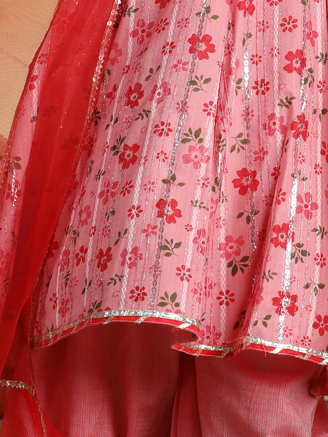 Cutiekins Girls Floral Print Angrakha Kurta & Solid Salwar Pant With Dupatta -Dark Pink & Red