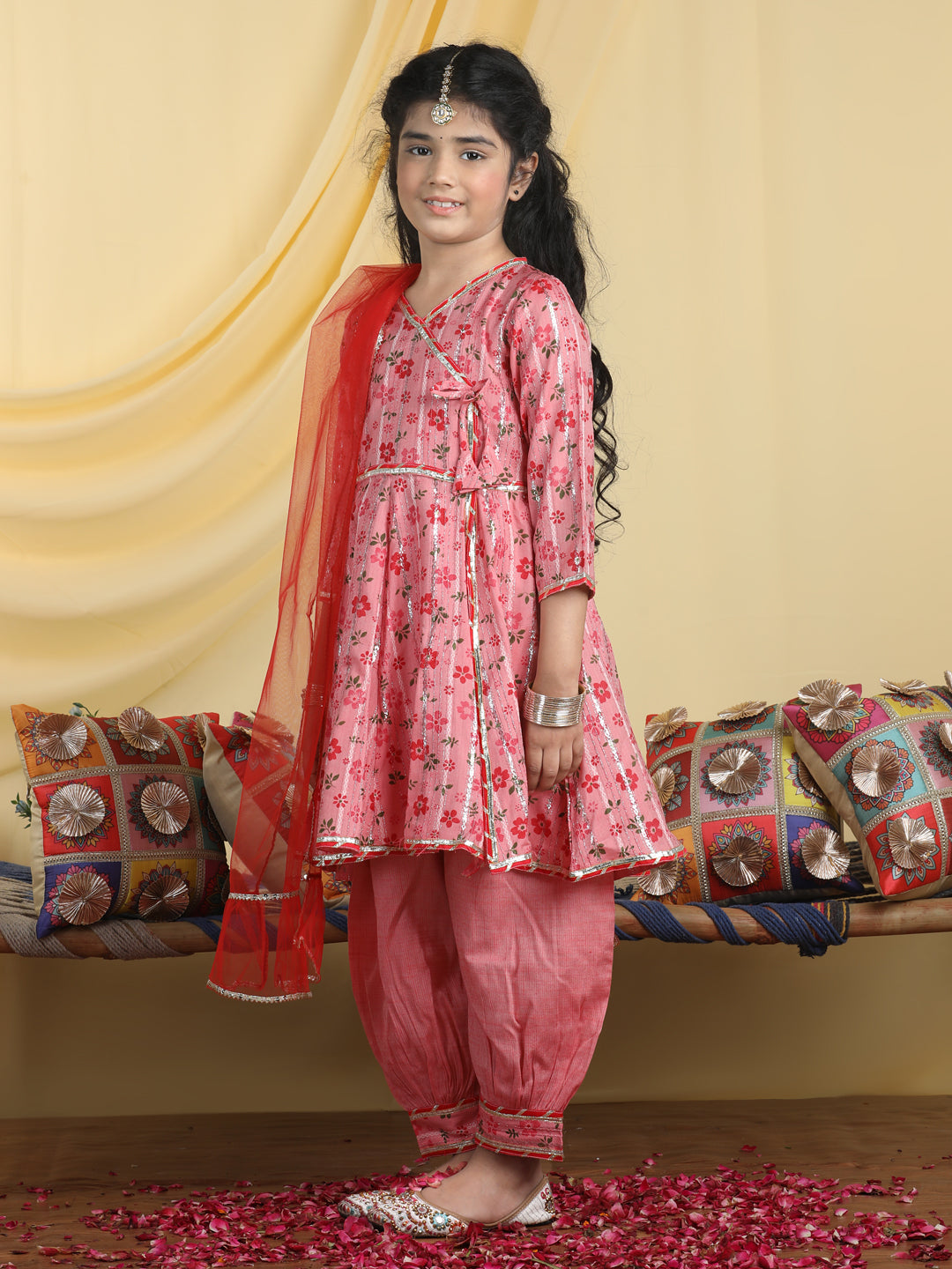 Cutiekins Girls Floral Print Angrakha Kurta & Solid Salwar Pant With Dupatta -Dark Pink & Red