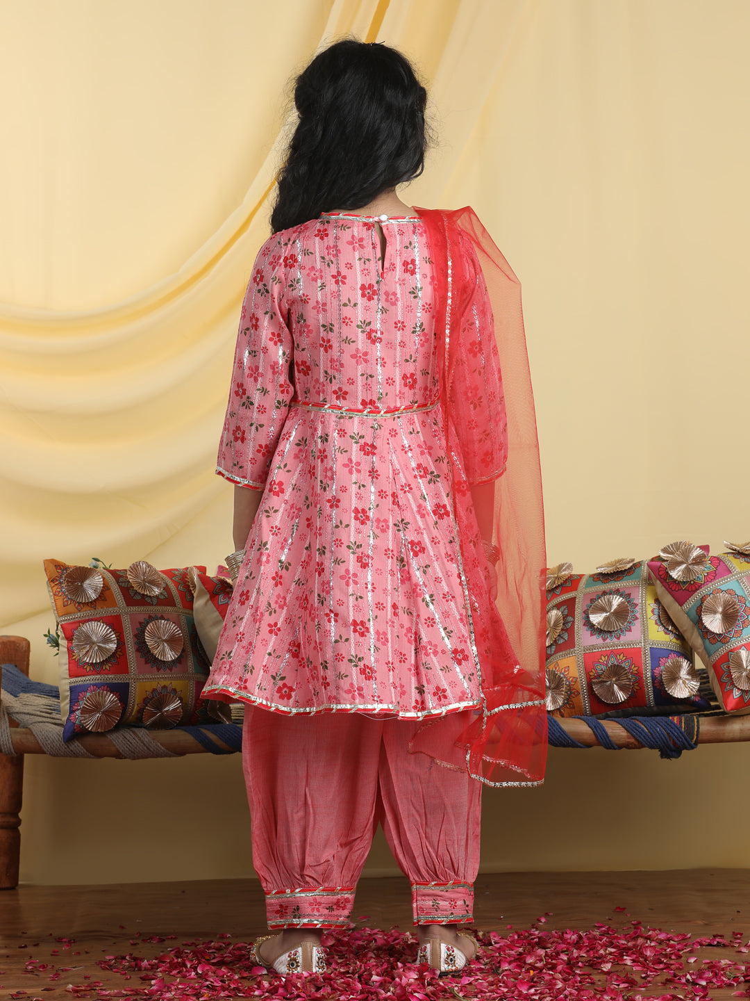 Cutiekins Girls Floral Print Angrakha Kurta & Solid Salwar Pant With Dupatta -Dark Pink & Red