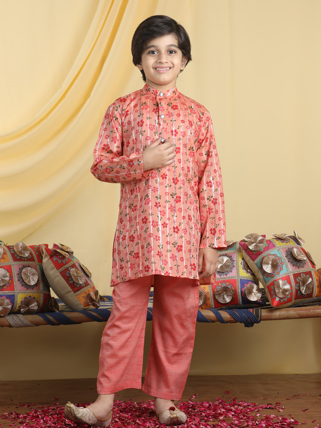 Cutiekins Boys Floral Print Mandarian Collar Kurta & Pajama Set -Coral Orange & Red