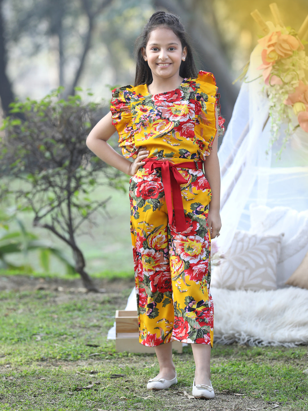 Cutiekins Floral & Leaf Printed Polyester Jumpsuit -Mustard & Red