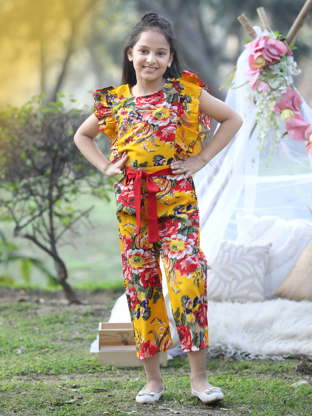 Cutiekins Floral & Leaf Printed Polyester Jumpsuit -Mustard & Red