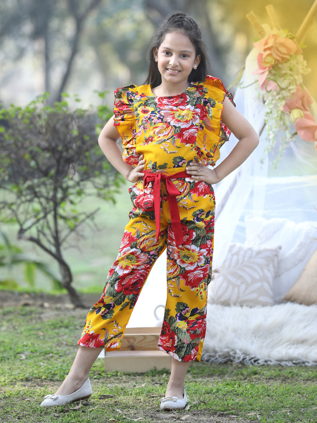 Cutiekins Floral & Leaf Printed Polyester Jumpsuit -Mustard & Red