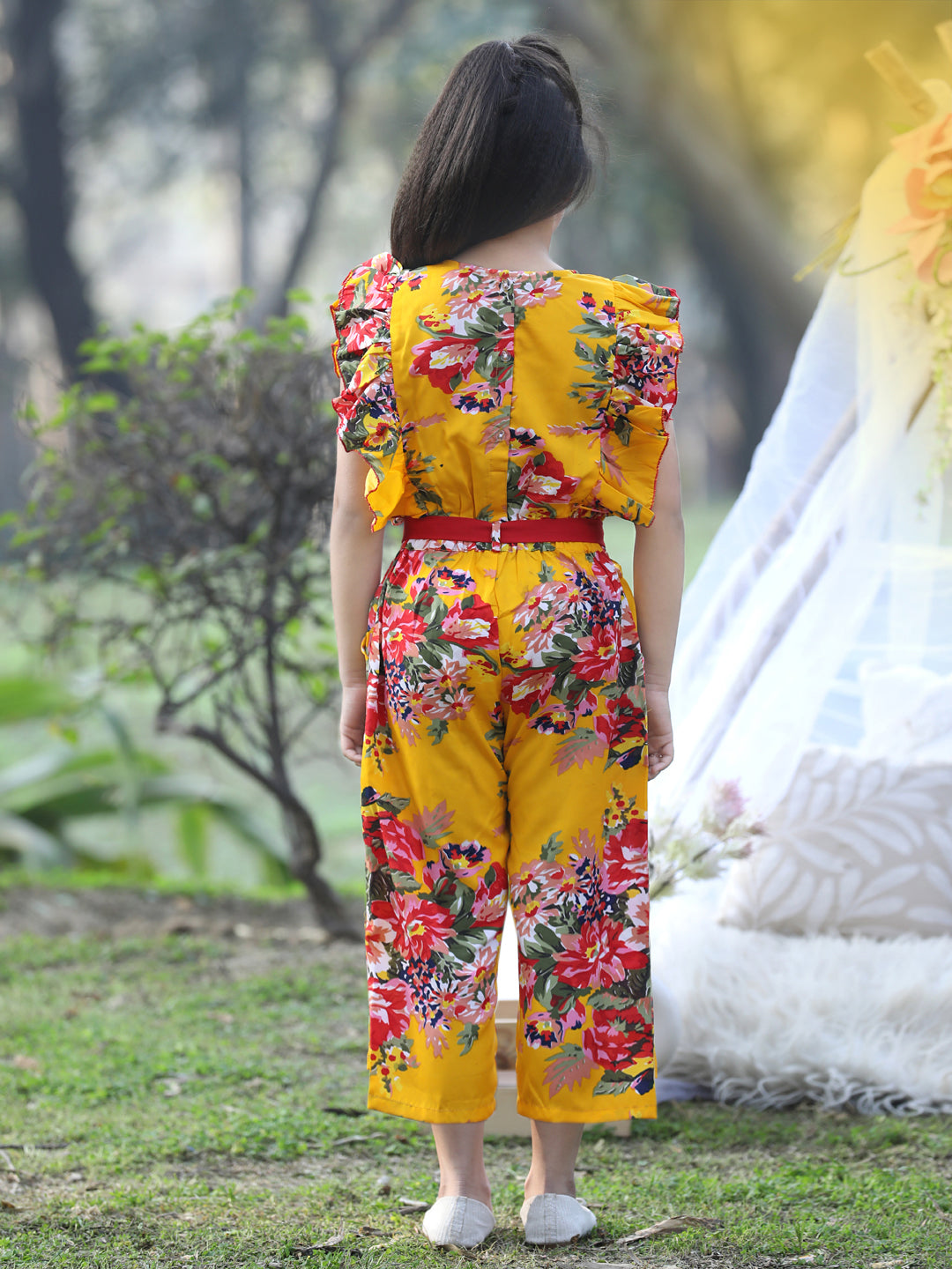 Cutiekins Floral & Leaf Printed Polyester Jumpsuit -Mustard & Red