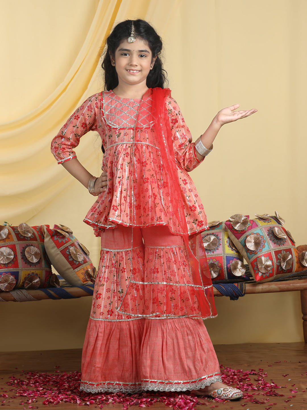 Cutiekins Girls Floral Print Kurta & Sharara With Dupatta -Coral Orange & Red