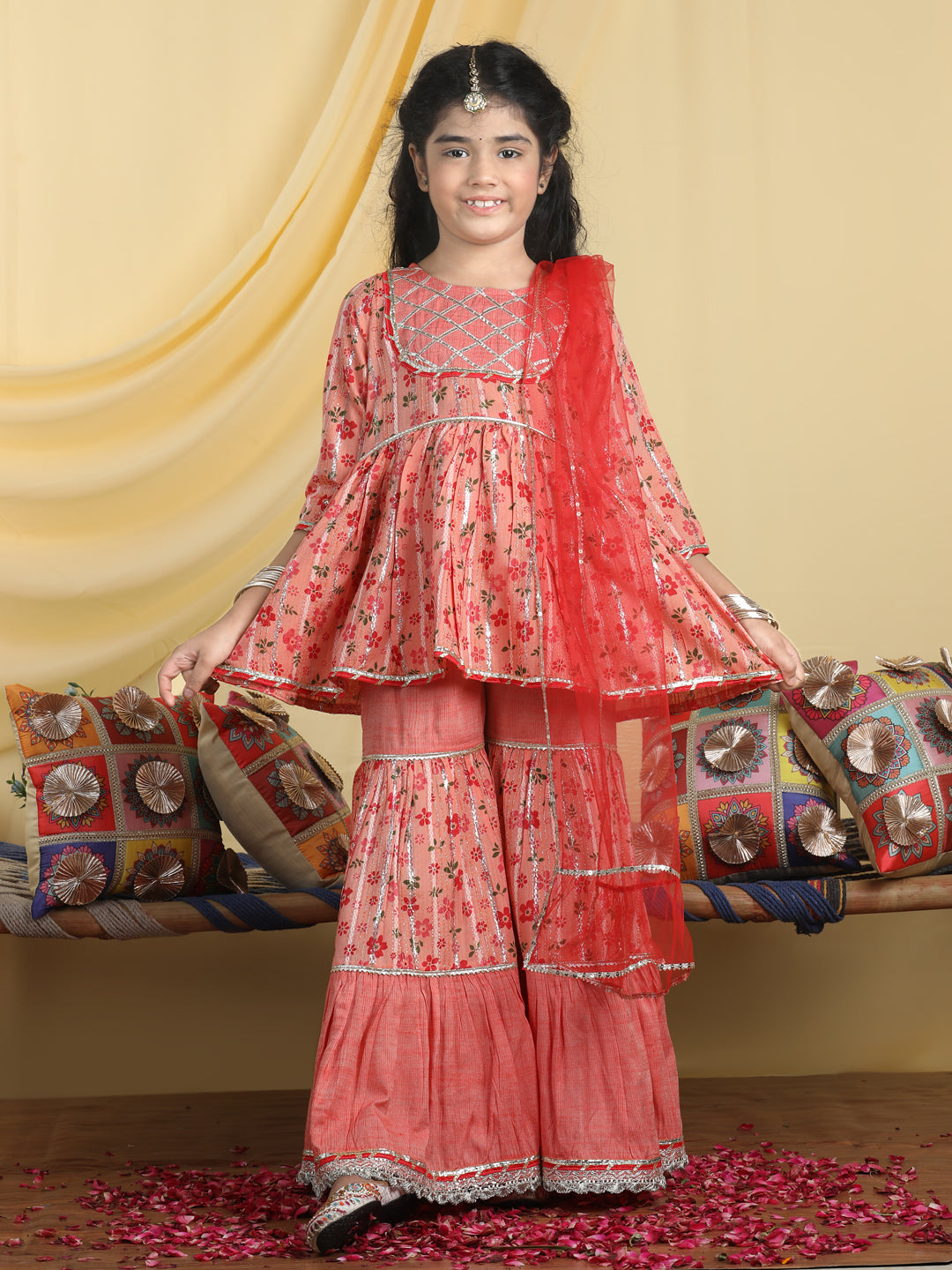 Cutiekins Girls Floral Print Kurta & Sharara With Dupatta -Coral Orange & Red