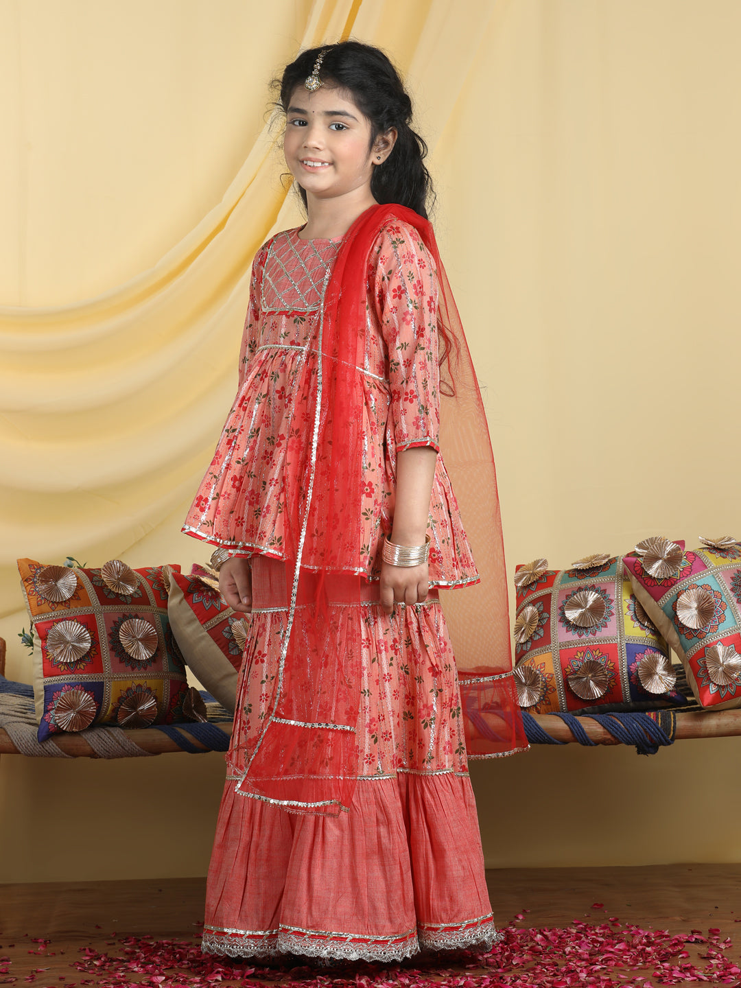 Cutiekins Girls Floral Print Kurta & Sharara With Dupatta -Coral Orange & Red