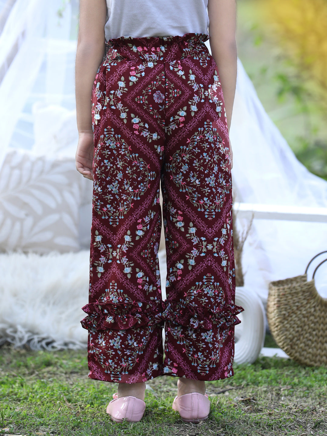 Cutiekins Printed Polyester Palazzos- Maroon & Green